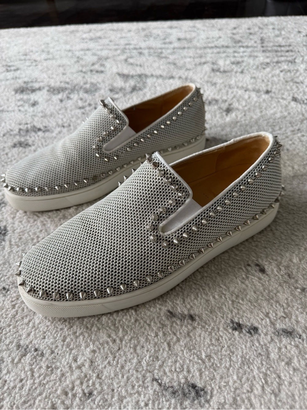 Christian Louboutin White/Silver Mesh Studded Slip-Ons. Well Maintained.